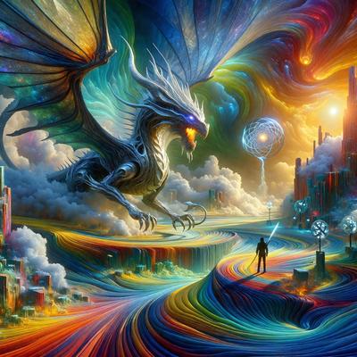 Primary subject: A dragon with a sword in its mouth.

Setting/background: A colorful, surreal landscape with a city in the background.

Visual style: Digital art.

Colors and mood: The image is vibrant and full of color, creating a whimsical and imaginative atmosphere.